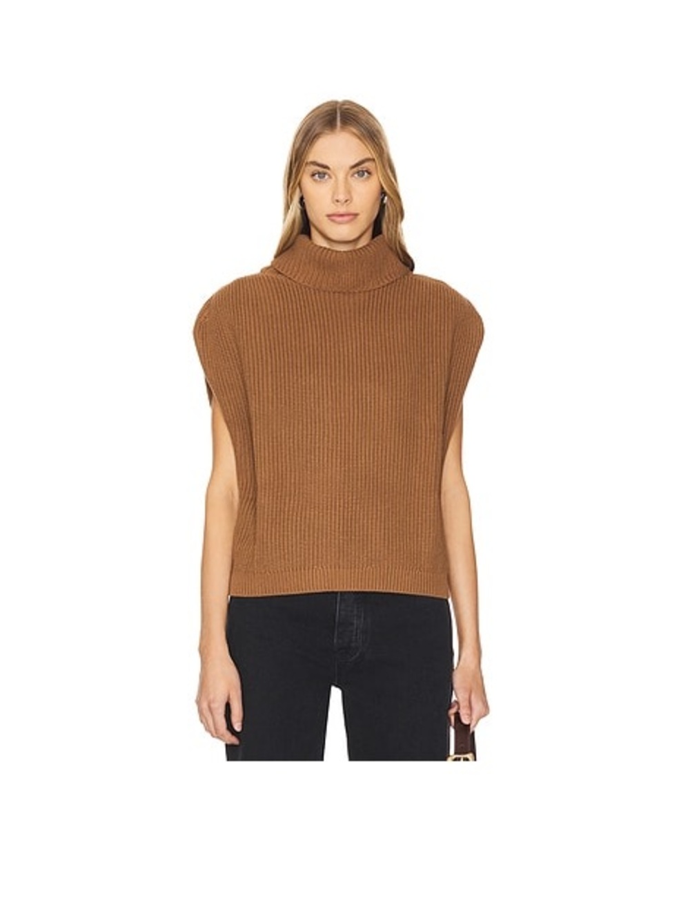 Sleeveless Ribbed Turtleneck Sweater in Camel